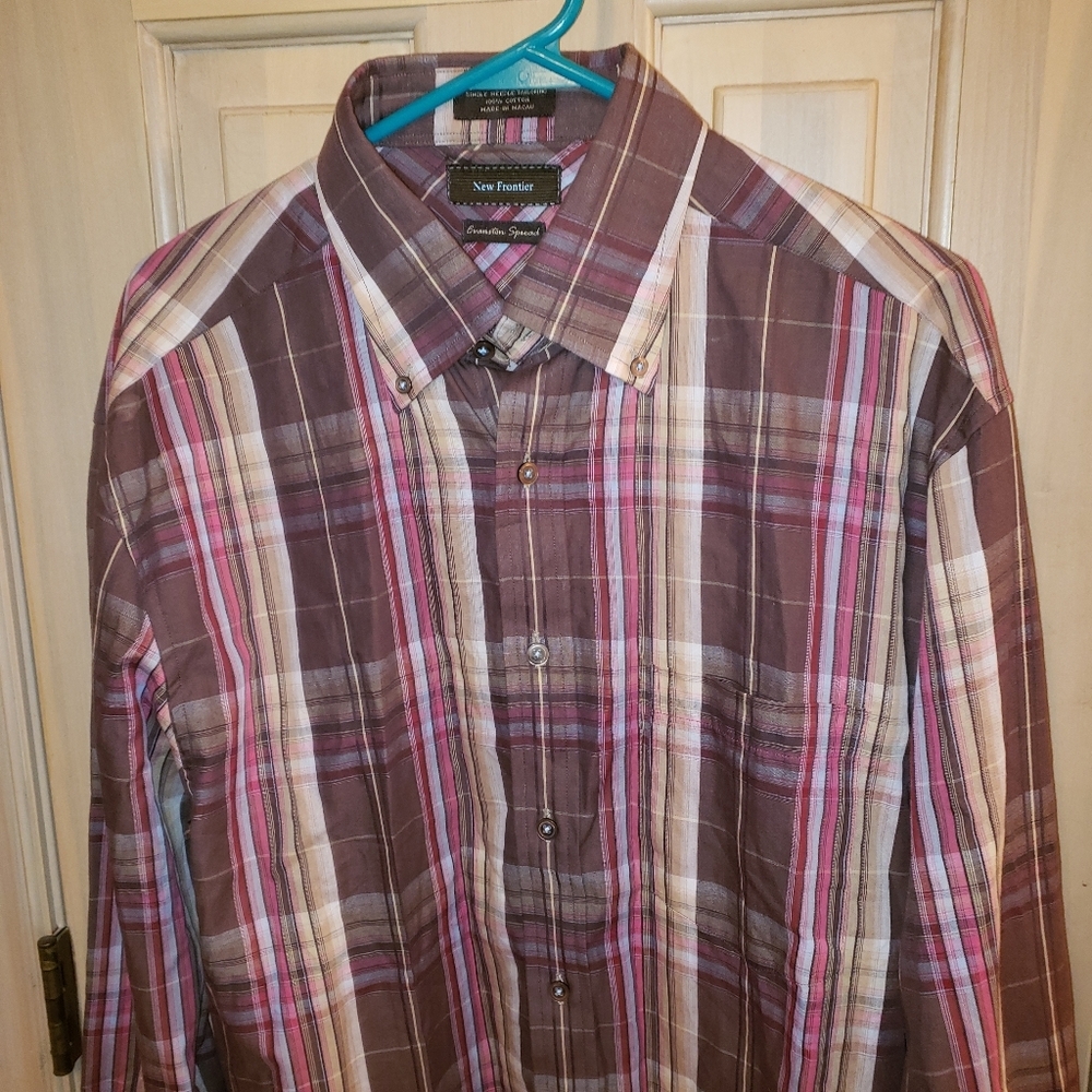LN Mens plaid brown pink shirt New Fontier sz L